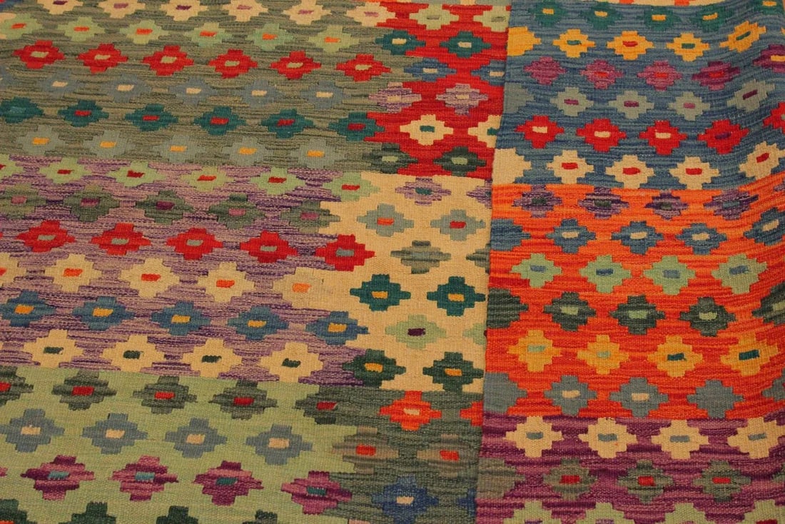1990s 1990s Kilim Green Red Wool Rug - 7'1" X 9'10" - 5