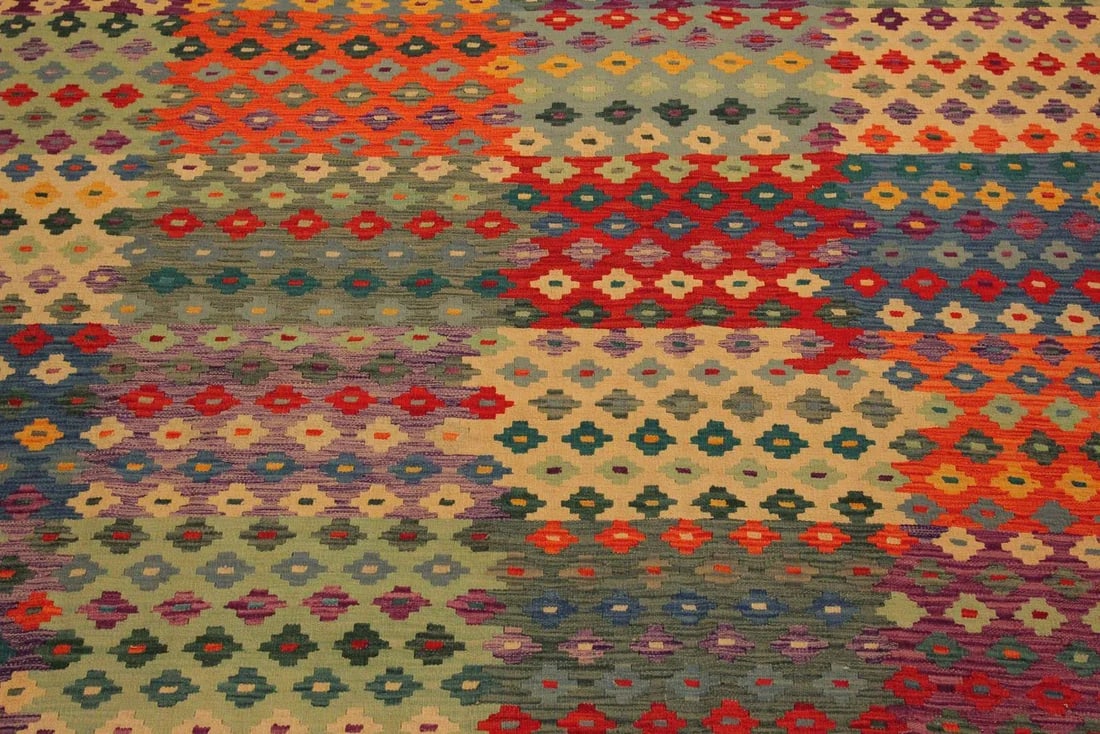 1990s 1990s Kilim Green Red Wool Rug - 7'1" X 9'10" - 6