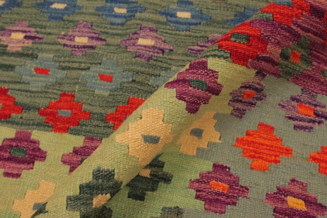 1990s 1990s Kilim Green Red Wool Rug - 7'1" X 9'10" - 7