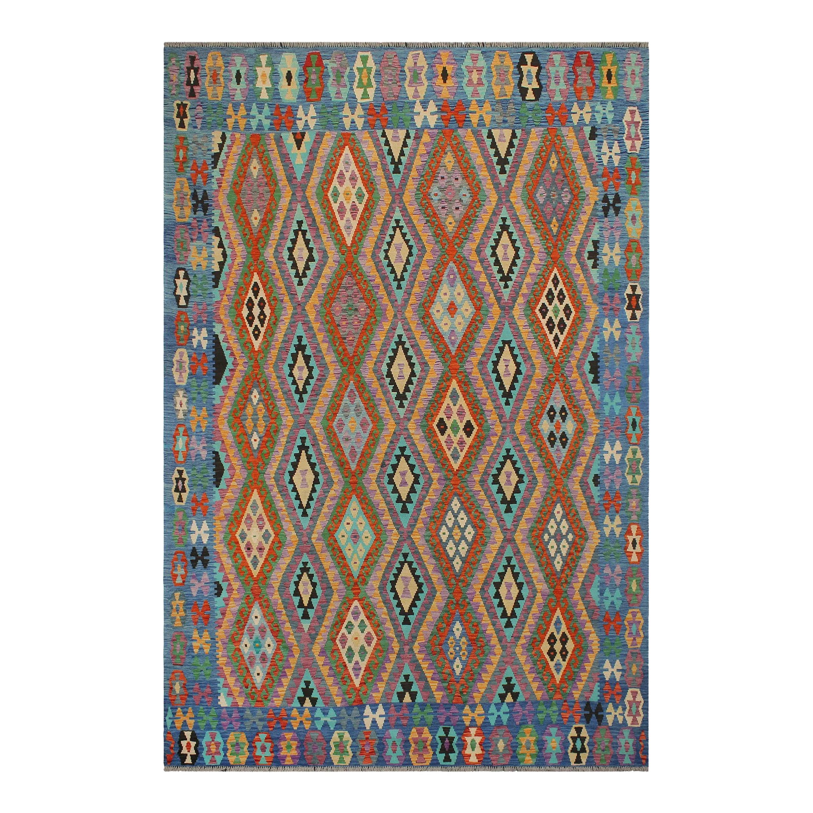 Southwestern Kilim Rust Blue Wool Rug - 8'2" X 9'6": Add a touch of elegance to your home with this casual chic hand woven Tribal Kilim wool rug. Constructed on a loom by Nomad Turkman people with hand-spun wool and 100% Natural Vegetable dyes these bea