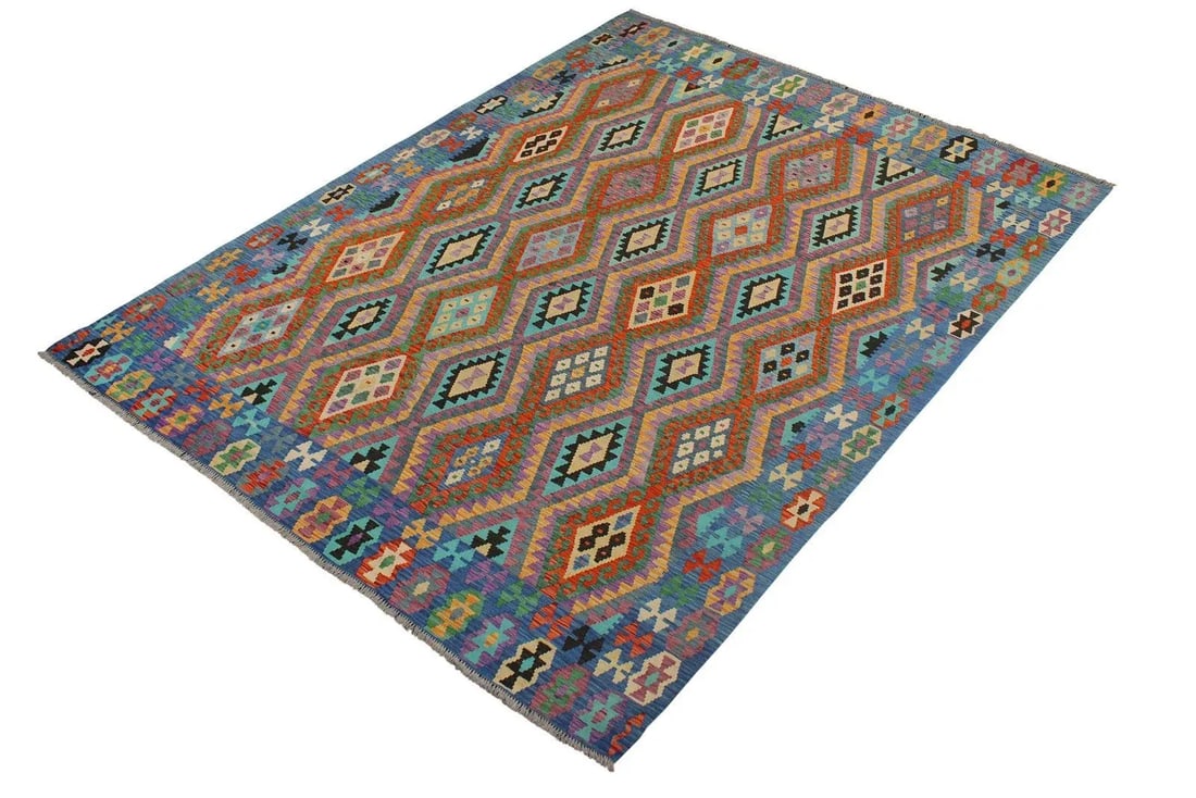 Southwestern Kilim Rust Blue Wool Rug - 8'2" X 9'6" - 2