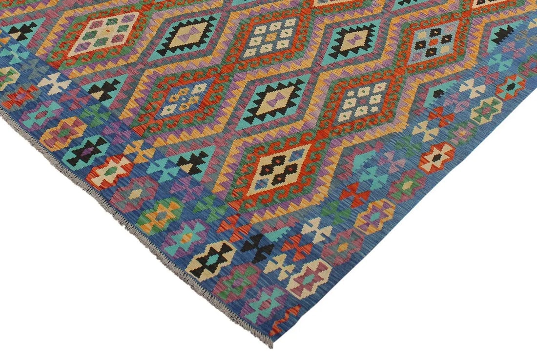 Southwestern Kilim Rust Blue Wool Rug - 8'2" X 9'6" - 3