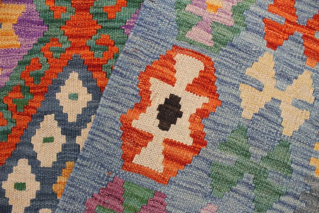 Southwestern Kilim Rust Blue Wool Rug - 8'2" X 9'6" - 4