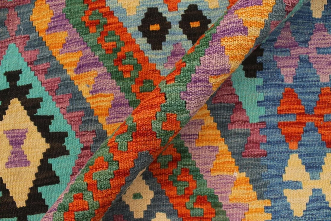 Southwestern Kilim Rust Blue Wool Rug - 8'2" X 9'6" - 5