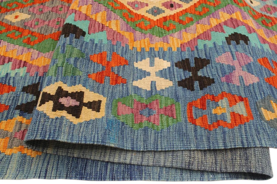 Southwestern Kilim Rust Blue Wool Rug - 8'2" X 9'6" - 6