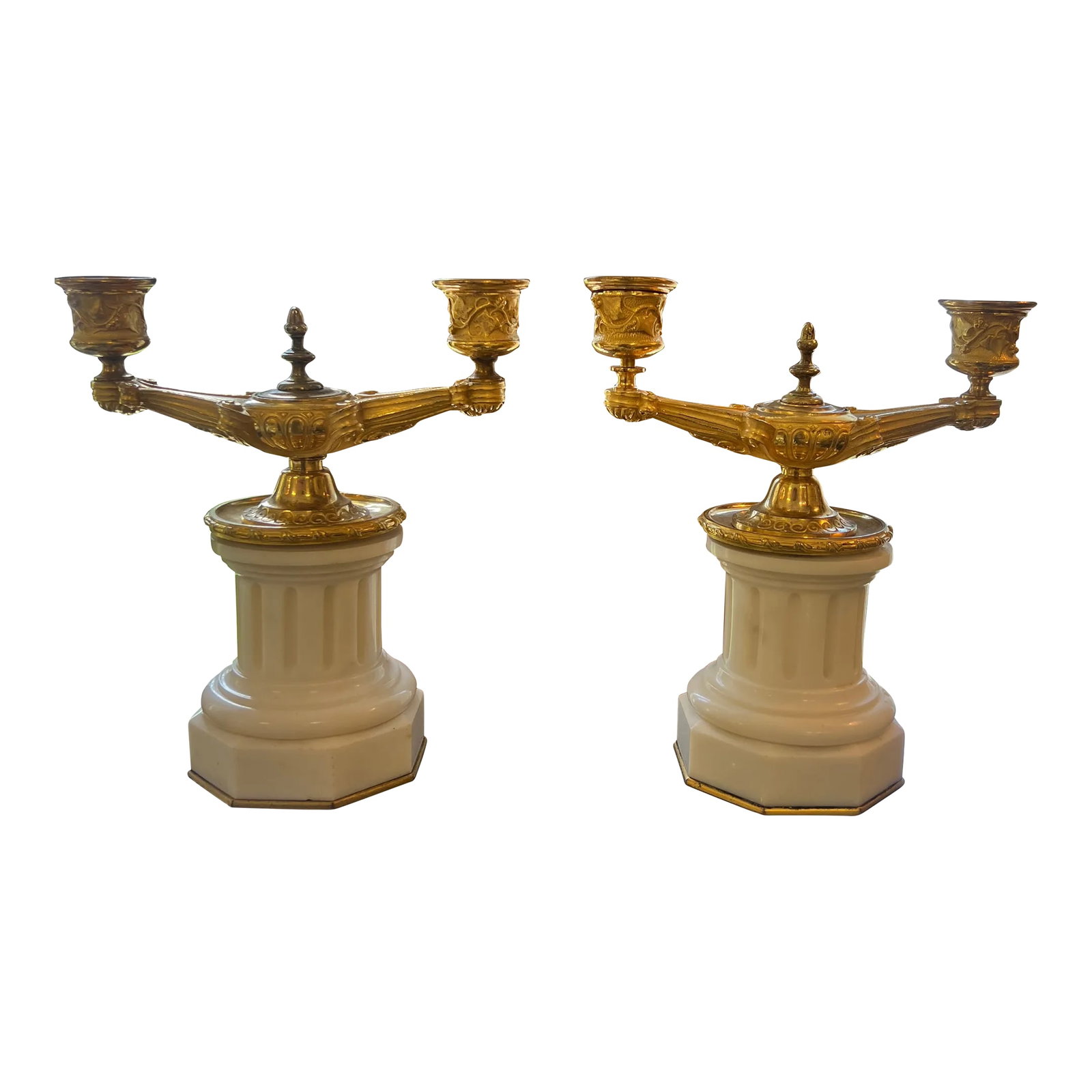 Pair, 19th Century Grand Tour Gilt Bronze & White Marble Candelabras: Italian or French, early 19th century. A fantastic pair of 19th century Grand Tour gilt bronze candelabras in the neoclassical taste. The beautiful cast grape vines to the candle arms, scrolled arms e