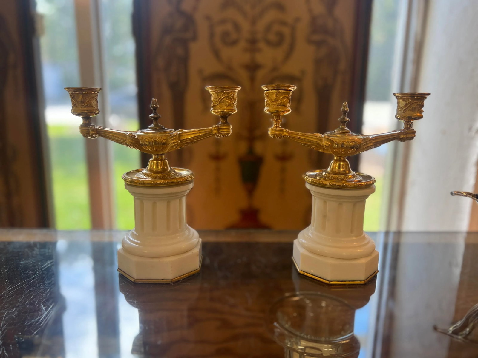 Pair, 19th Century Grand Tour Gilt Bronze & White Marble Candelabras - 2