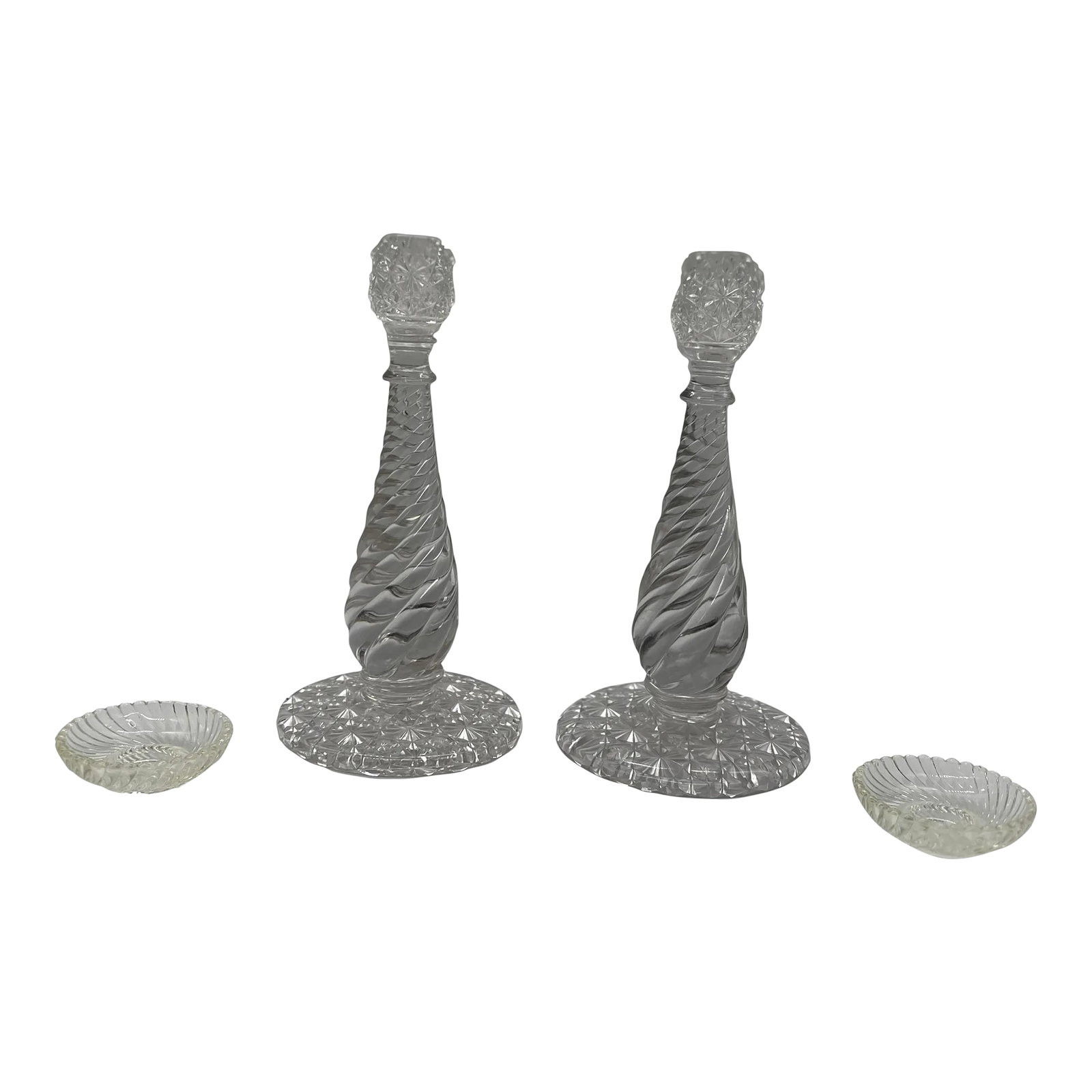 Pair, American Brilliant Period Cut Glass Russian & Swirl Pattern Candlesticks: American, 19th century. A pair of fine quality antique American Brilliant Period Cut Glass candlesticks in the RARE Russian and Swirl patterns. Each with an incredibly deep cut with stars and strawber