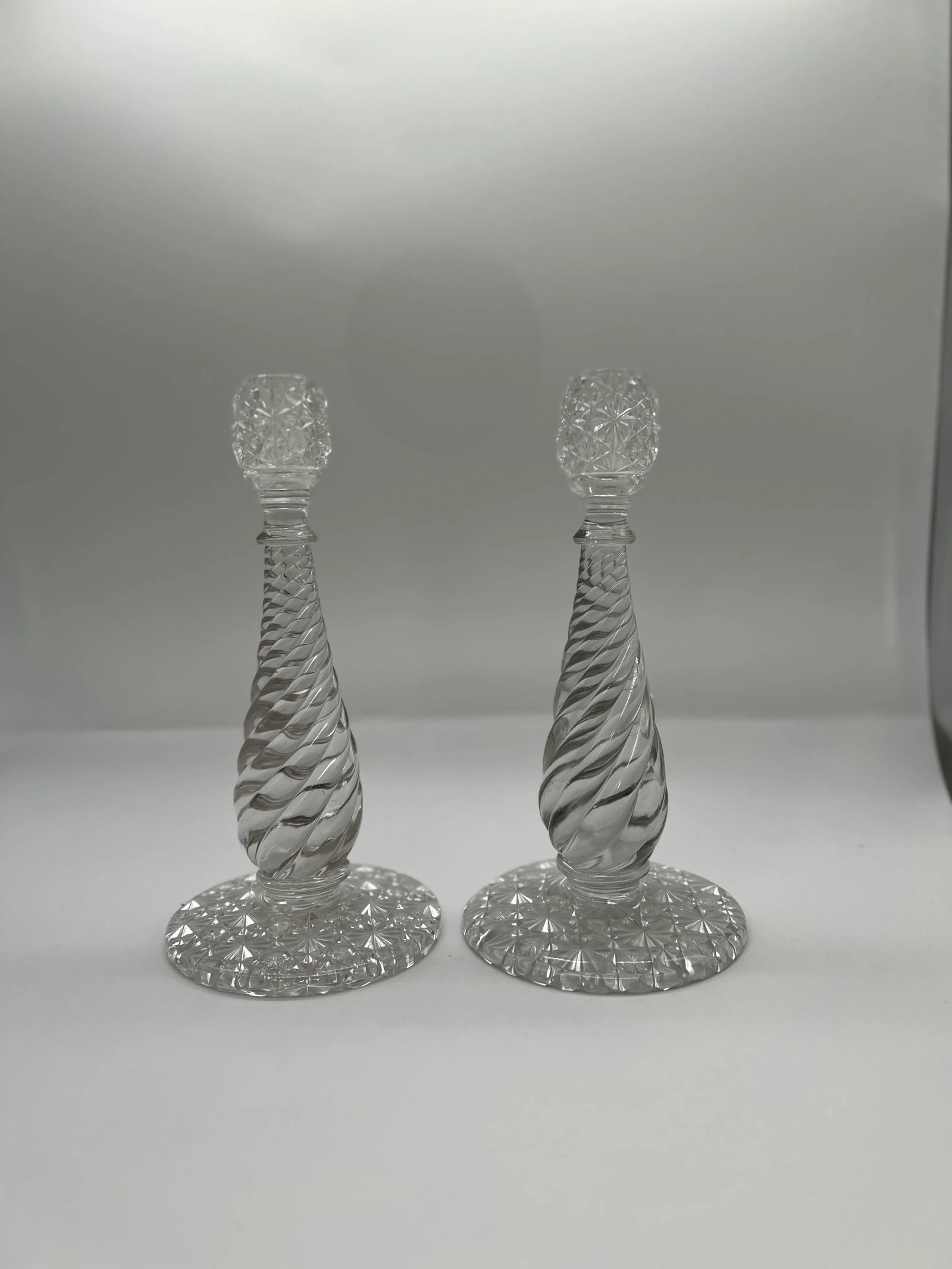 Pair, American Brilliant Period Cut Glass Russian & Swirl Pattern Candlesticks - 2