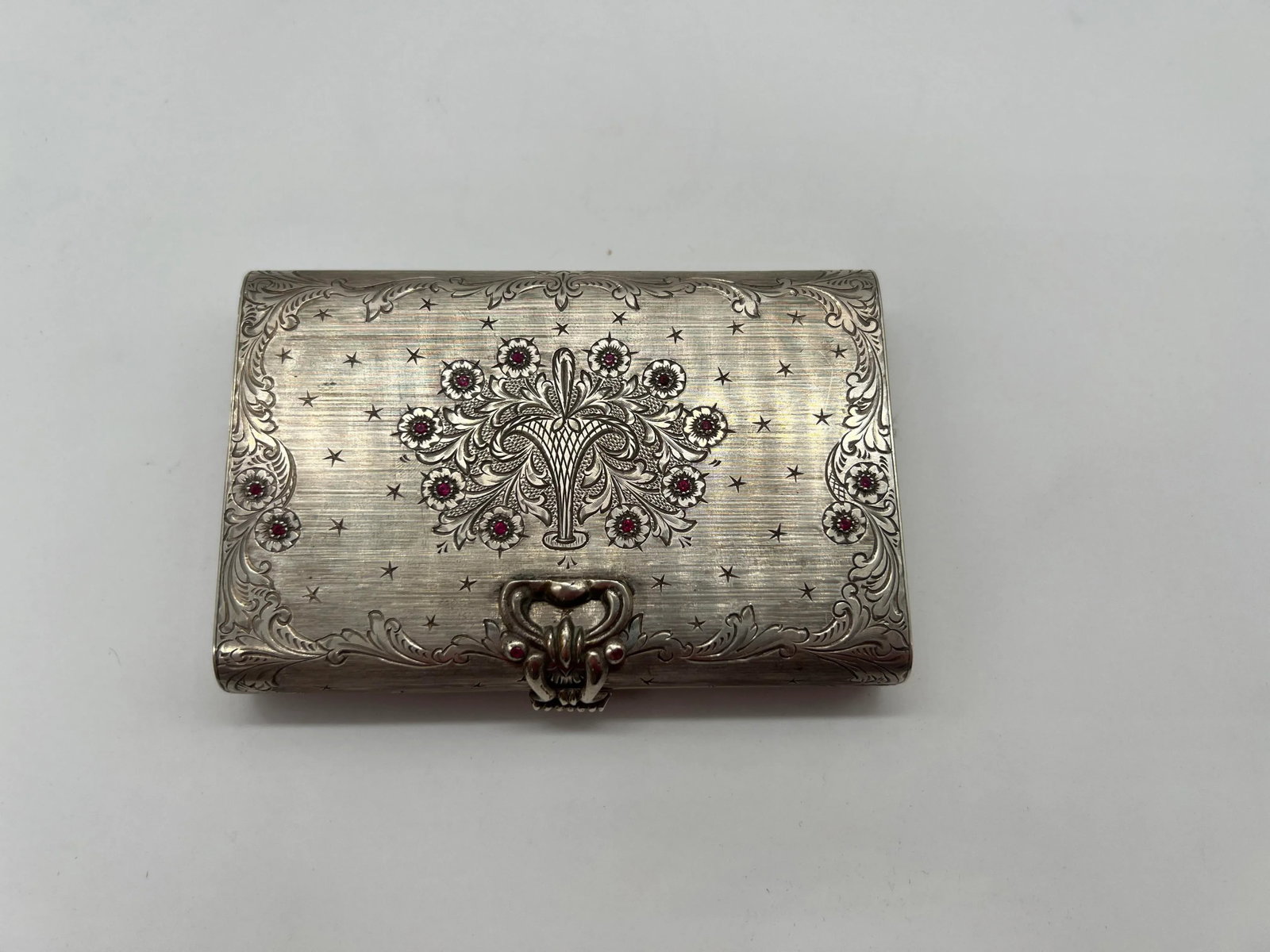 Antique Italian 800 Hand Chased Silver & Ruby Inset Minaudiere Vanity Case - 8