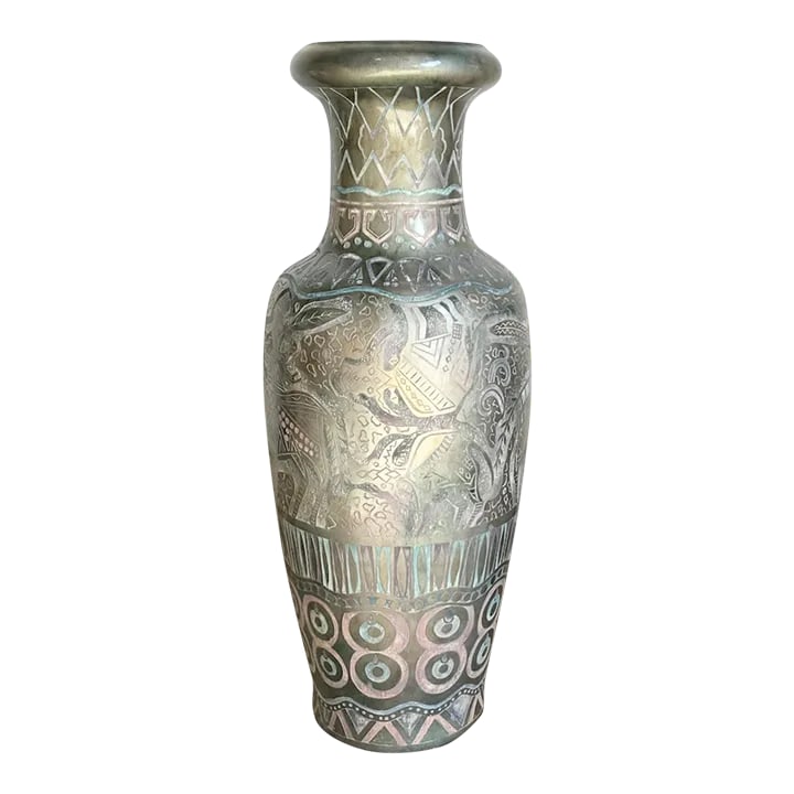Postmodern Hand Painted and Carved Large Floor Vase: The Postmodern hand-painted and carved large floor vase is an artistic statement piece, likely featuring bold colors and abstract designs characteristic of the era. Hand-carved details add texture and
