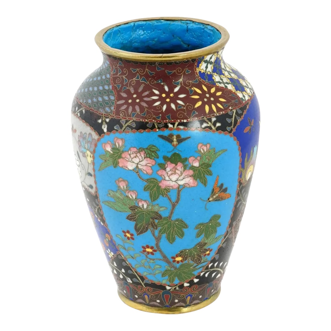Antique Meiji Period Japanese Cloisonne Enamel Vase With Geometric Patterns Garden Scenes: An antique Japanese Meiji period cloisonne vase featuring intricate foliage motifs complemented by two exquisite floral panels. The meticulous craftsmanship in depicting foliage patterns on the vases 