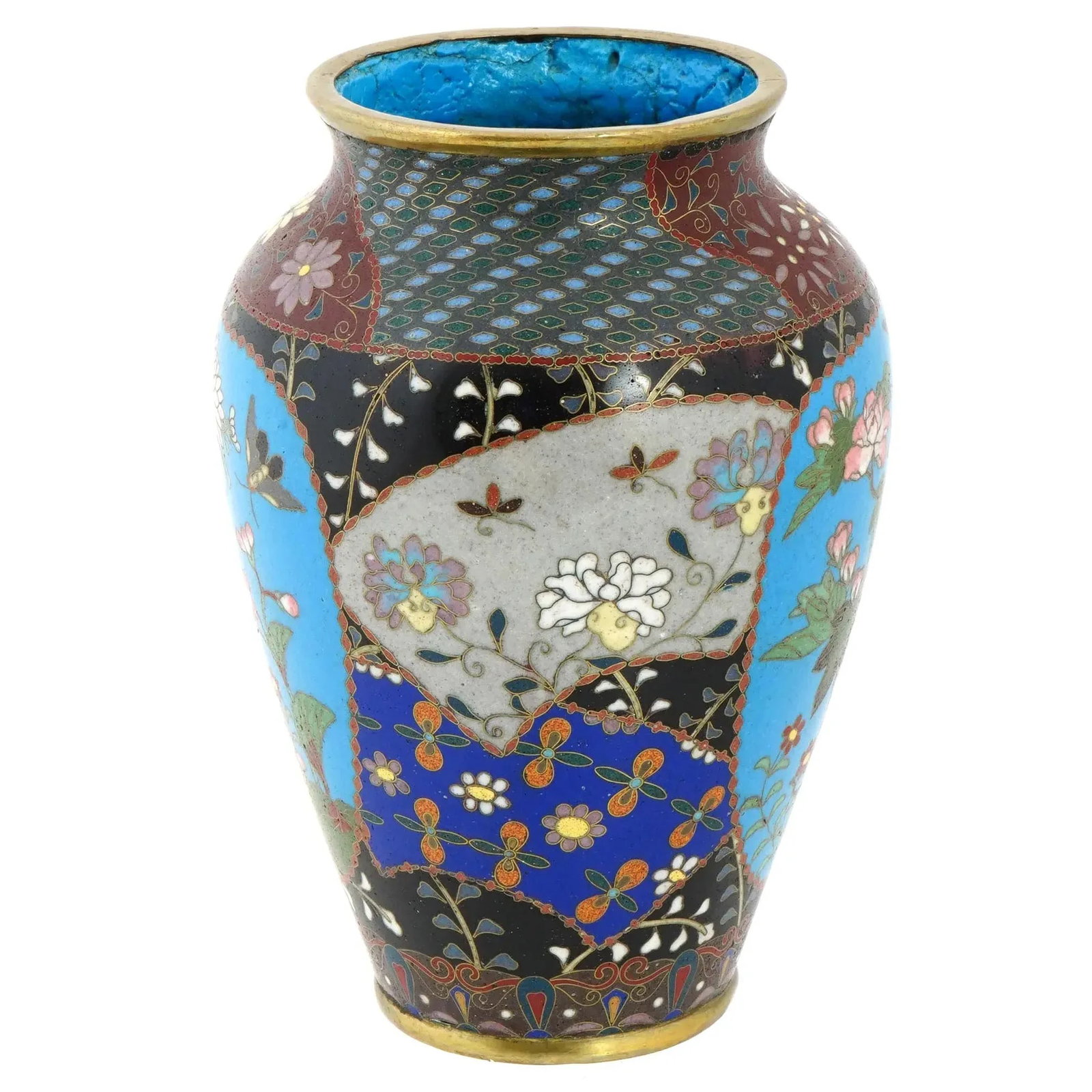 Antique Meiji Period Japanese Cloisonne Enamel Vase With Geometric Patterns Garden Scenes - 2