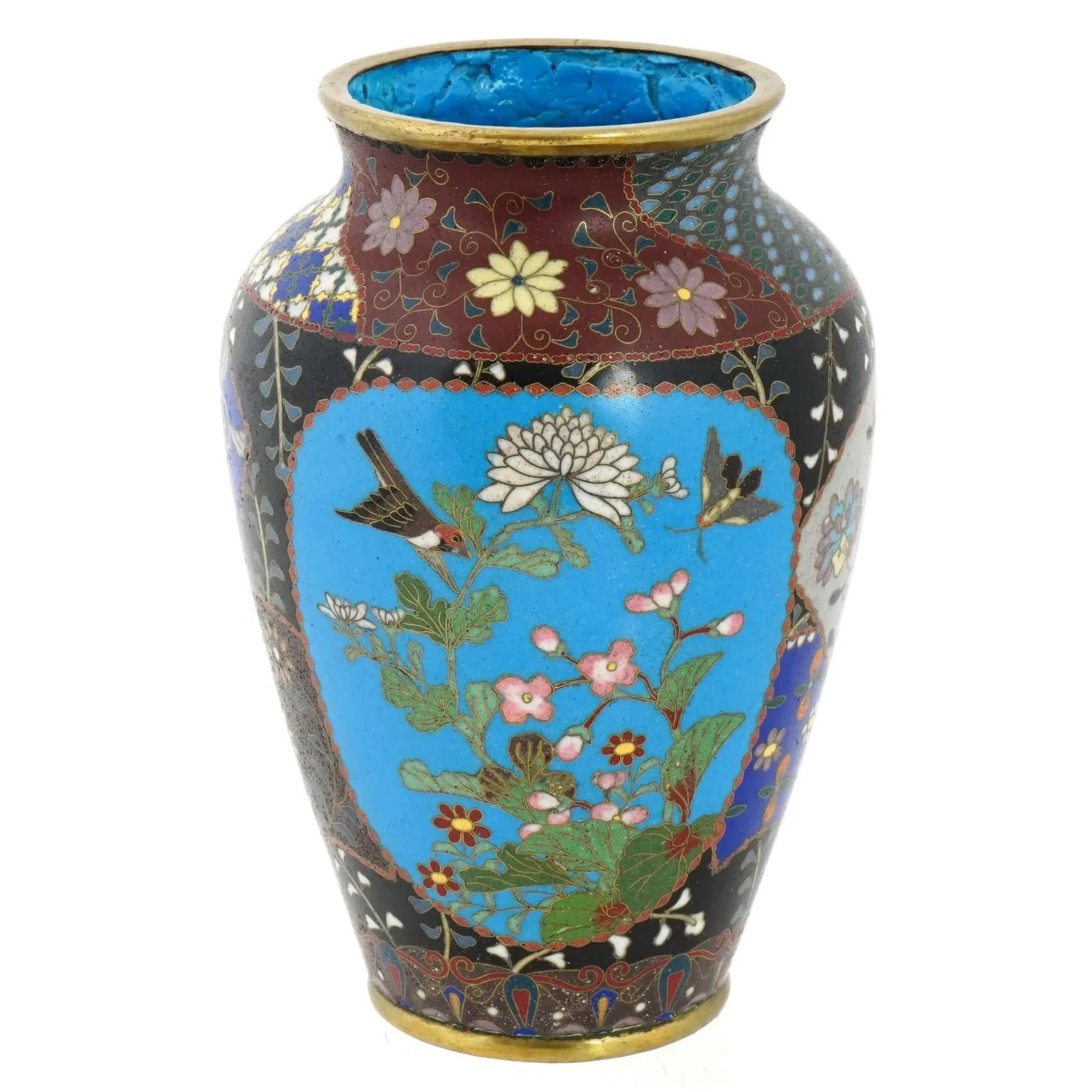 Antique Meiji Period Japanese Cloisonne Enamel Vase With Geometric Patterns Garden Scenes - 3