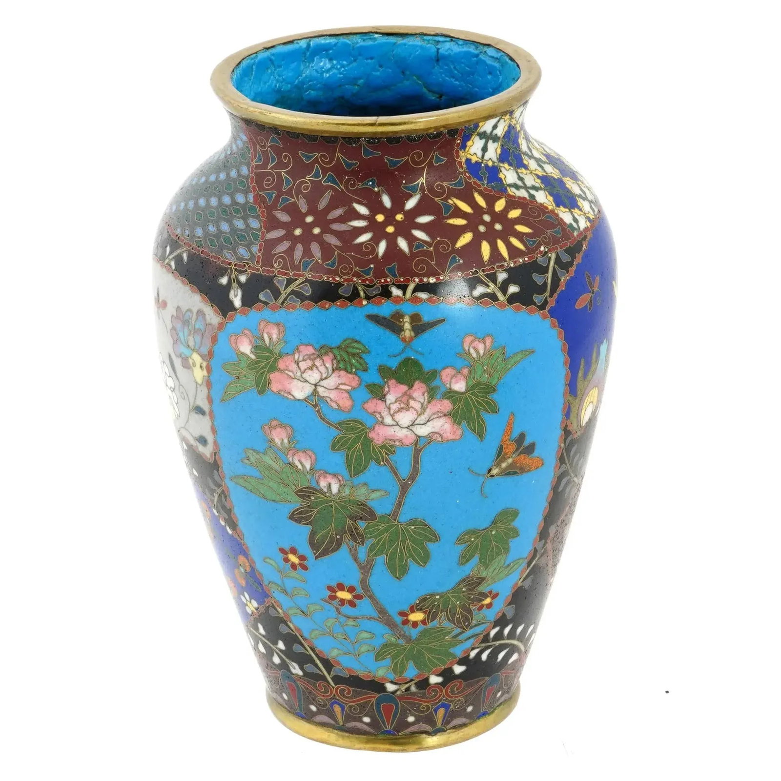 Antique Meiji Period Japanese Cloisonne Enamel Vase With Geometric Patterns Garden Scenes - 4