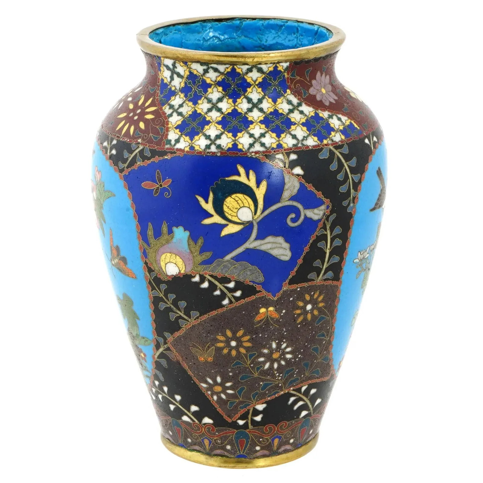 Antique Meiji Period Japanese Cloisonne Enamel Vase With Geometric Patterns Garden Scenes - 5