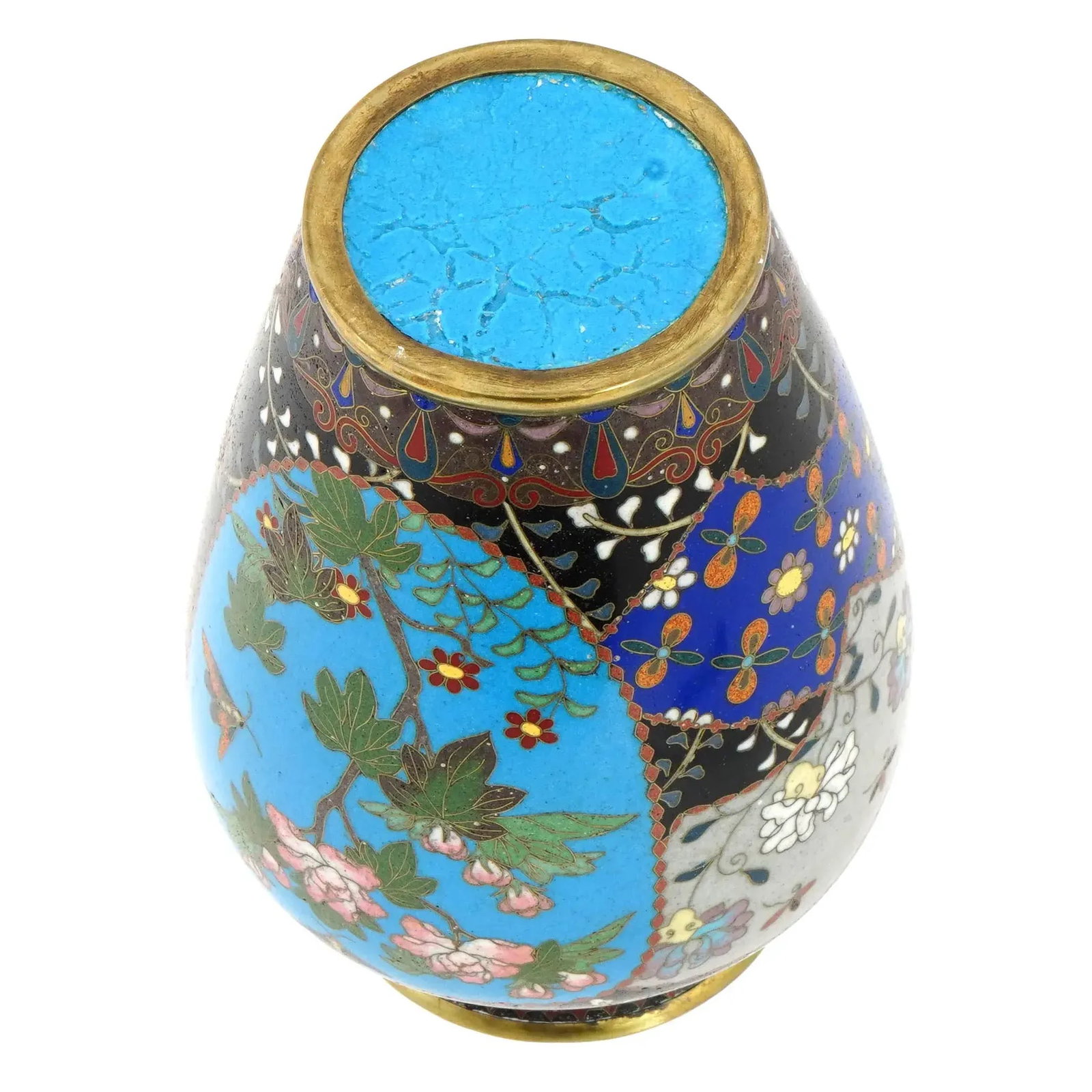 Antique Meiji Period Japanese Cloisonne Enamel Vase With Geometric Patterns Garden Scenes - 7