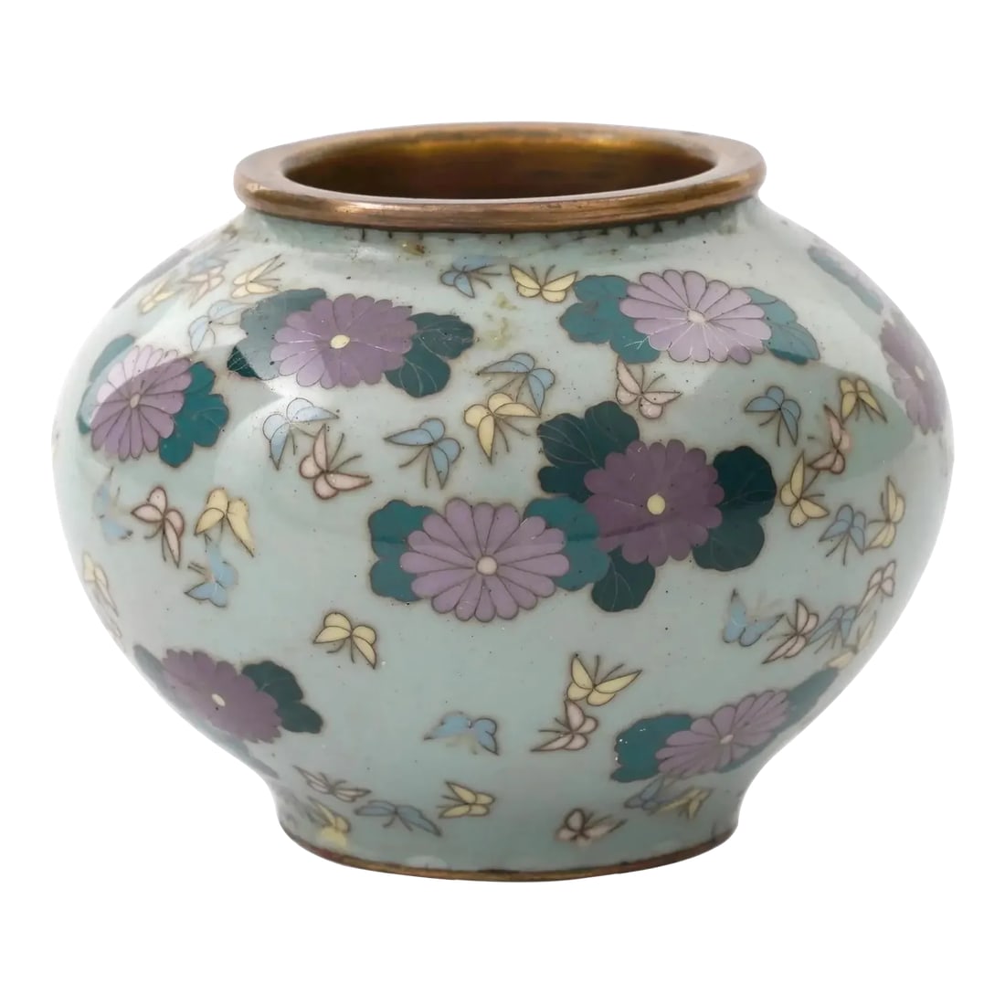 Antique Miniature Japanese Cloisonne Enamel Celadon Color Vase With Butterflies: A miniature Japanese Meiji period vase, 1868 to 1912. The globular vase slightly tapering to the bottom decorated in polychrome enamels and copper wires depicting dark and light purple chrysanthemums 