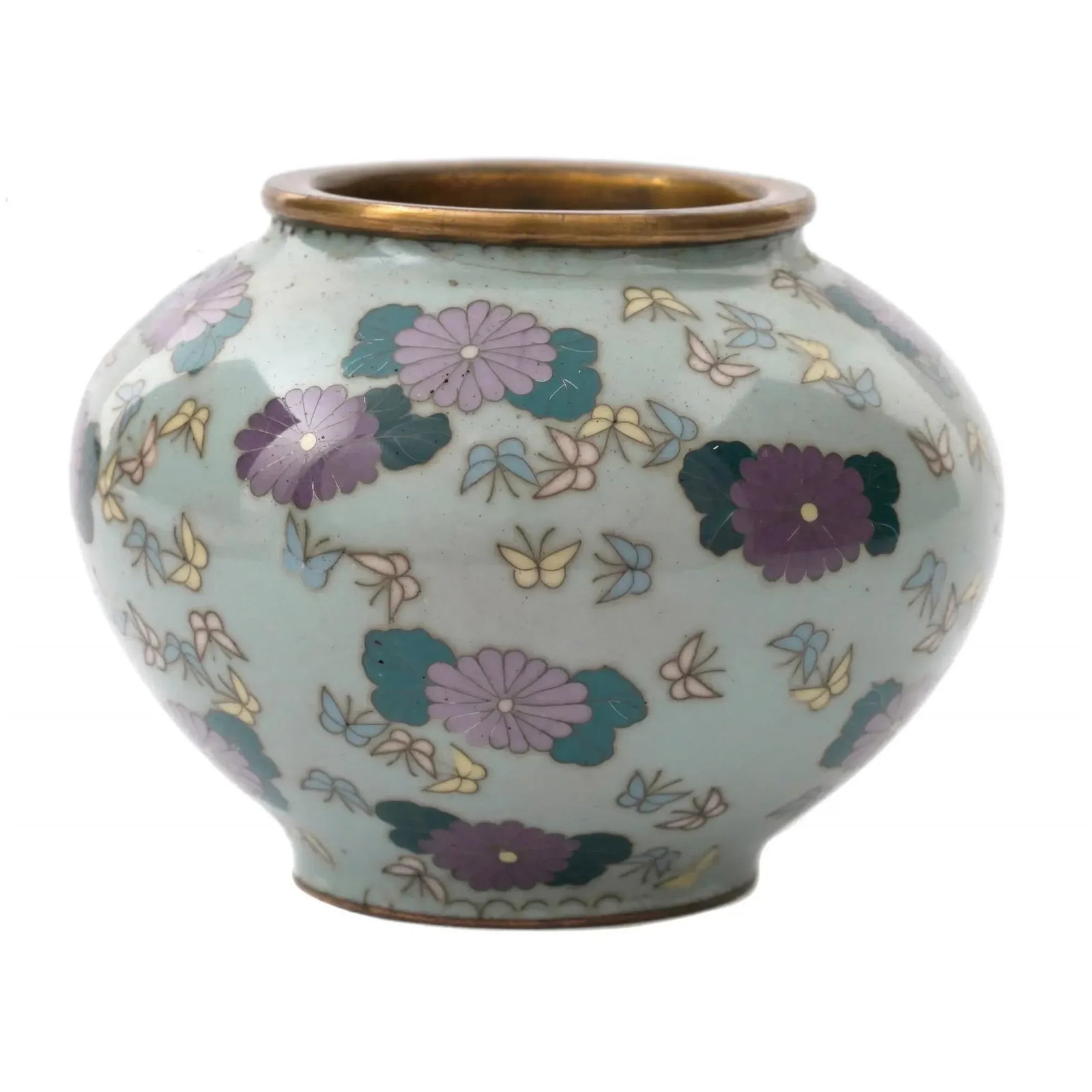 Antique Miniature Japanese Cloisonne Enamel Celadon Color Vase With Butterflies - 3