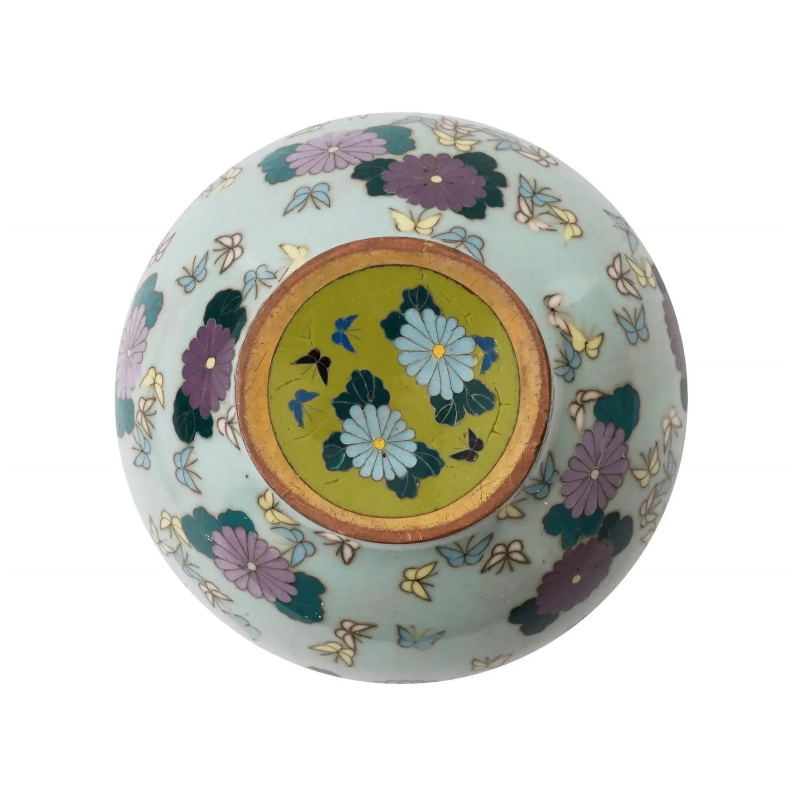 Antique Miniature Japanese Cloisonne Enamel Celadon Color Vase With Butterflies - 4