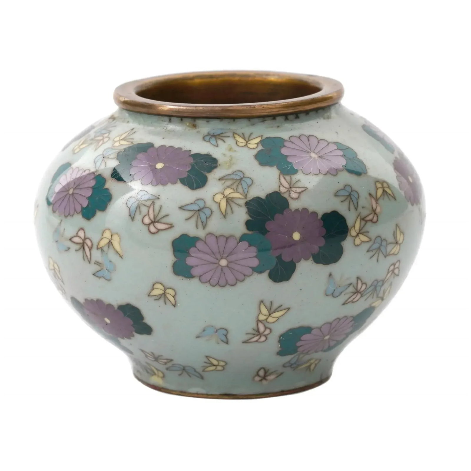Antique Miniature Japanese Cloisonne Enamel Celadon Color Vase With Butterflies - 5