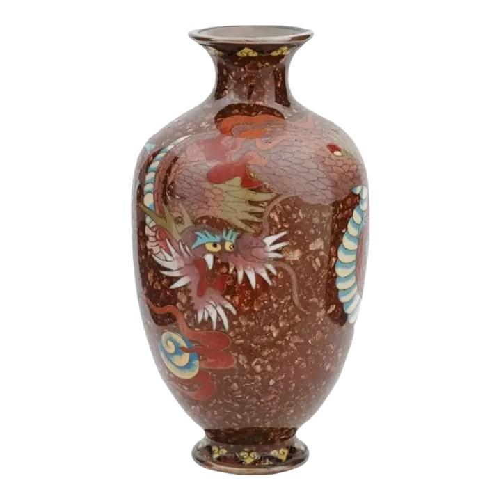 Antique Japanese Meiji Goldstone Cloisonne Vase: An antique Japanese, late Meiji Era, enamel over brass vase. Circa: 19th century. The amphora shaped vase is enameled with a polychrome image of a dragon made in the Cloisonne technique on brown groun