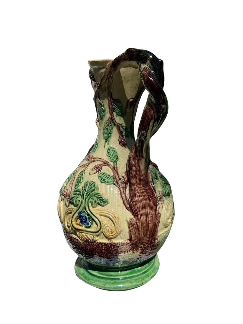 19th Century, Faux Bois Majolica Ewer W/ Acorn & Foliate Design - 7