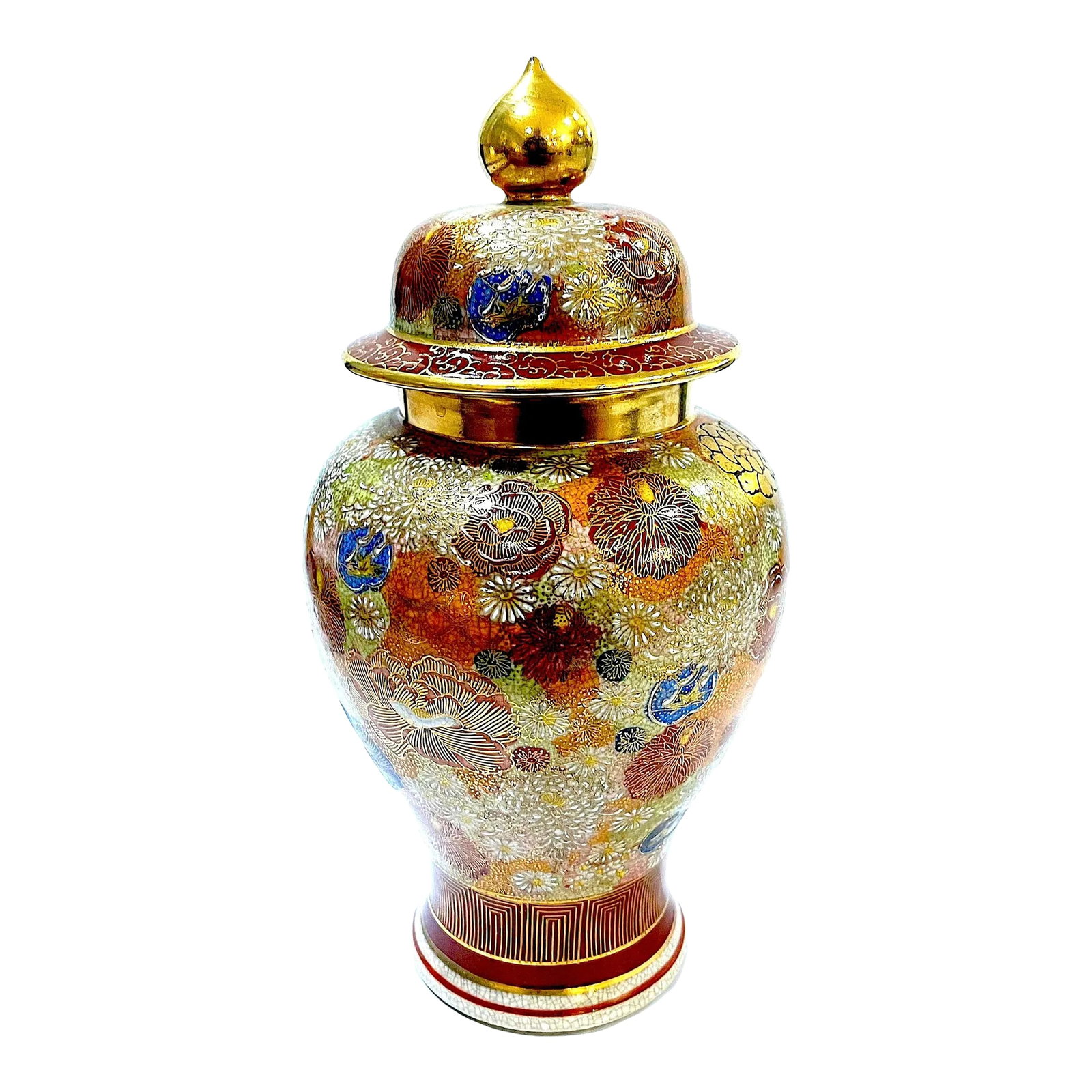 Early 20th Century Japanese Satsuma Mille Fleur Thousand Flowers Ginger Jar: Satsuma ware is a type of earthenware pottery originating from the Satsuma Province in Southern Kyushu, Japan's third largest island. Intricately embellished with delicate yet highly complex