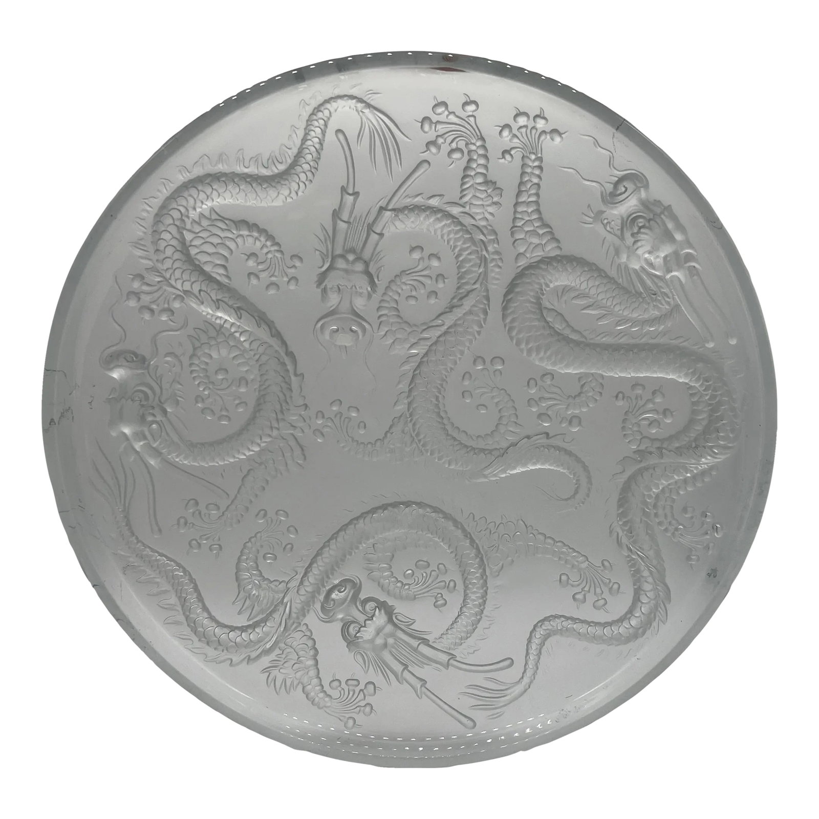 Large Josef Inwald Art Glass Platter With 5 Claw Dragon - Barolac Glass: Josef Inwald, circa 1930. A good quality and large platter made of glass with 4 dragons. Beautiful chinoiserie decoration to the surface - well known pattern. "The founder of the glass factories was