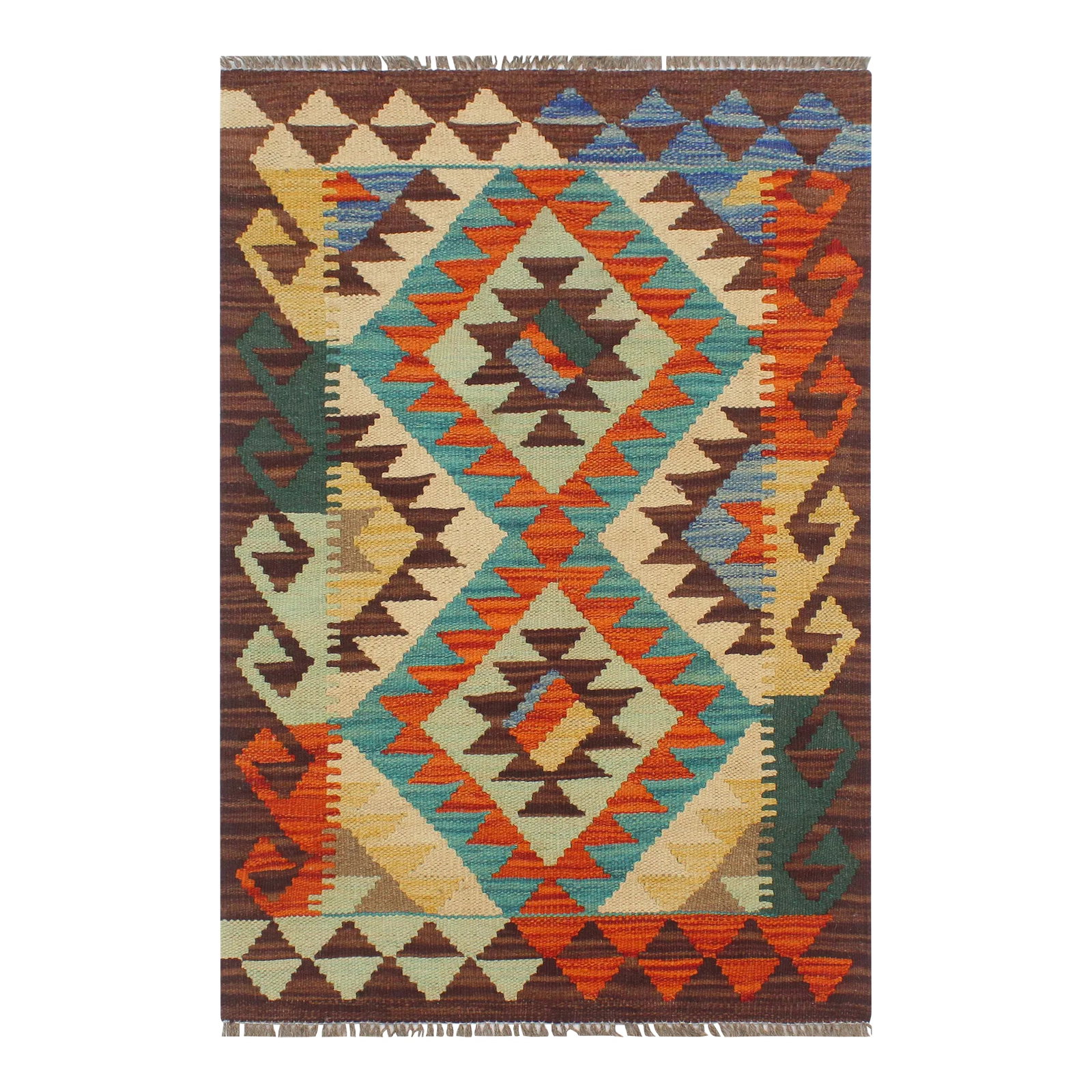 1990s Kilim Teesha Rust Brown Wool Rug - 1'11" X 3'0": Add a touch of elegance to your home with this casual chic hand woven Tribal Kilim wool rug. Constructed on a loom by Nomad Turkman people with hand-spun wool and 100% Natural Vegetable dyes these
