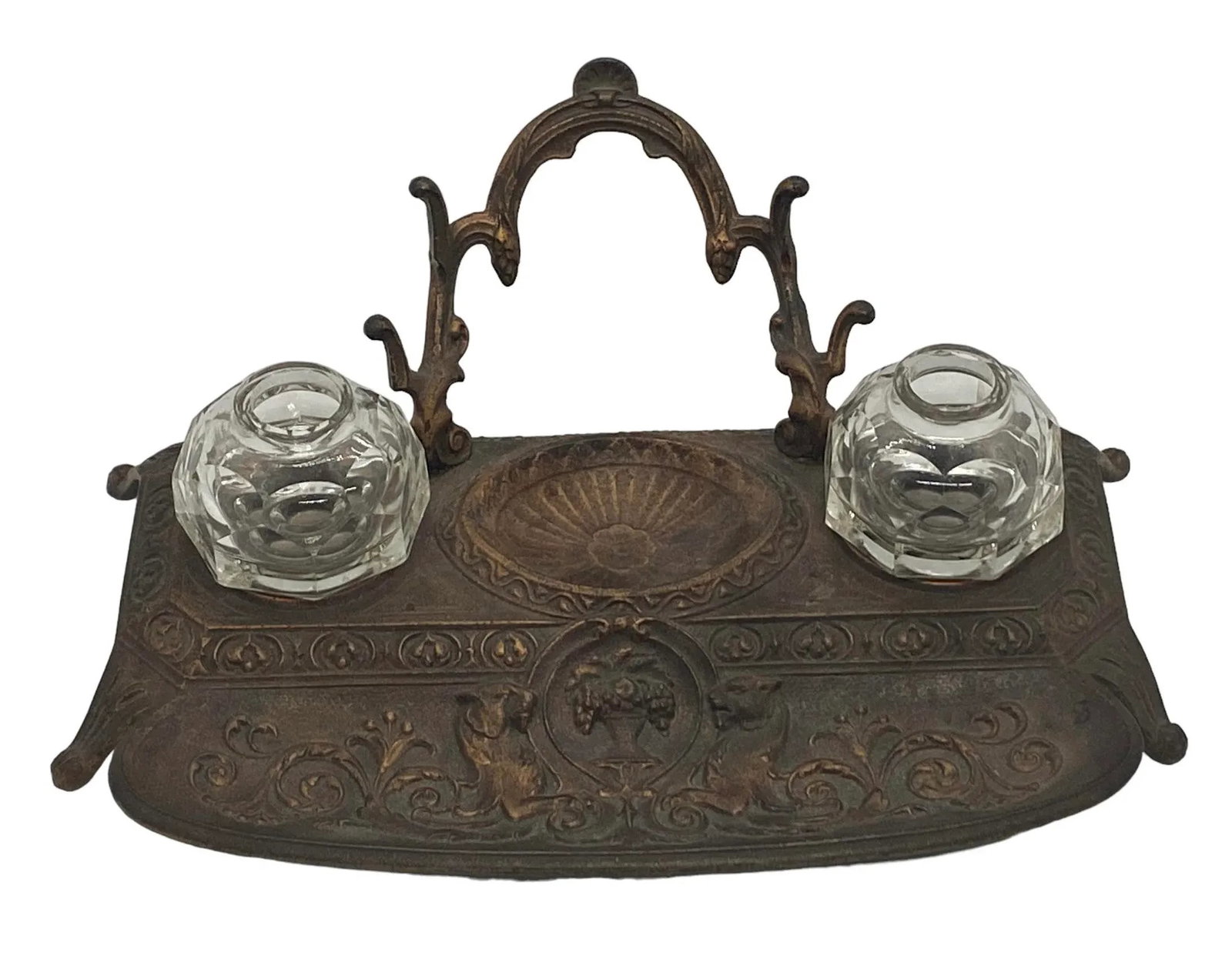 Late 19th Century German Art Nouveau Heavy Bronze and Crystal Ink Well Stand Made by Fr Malchow Fct. - 12