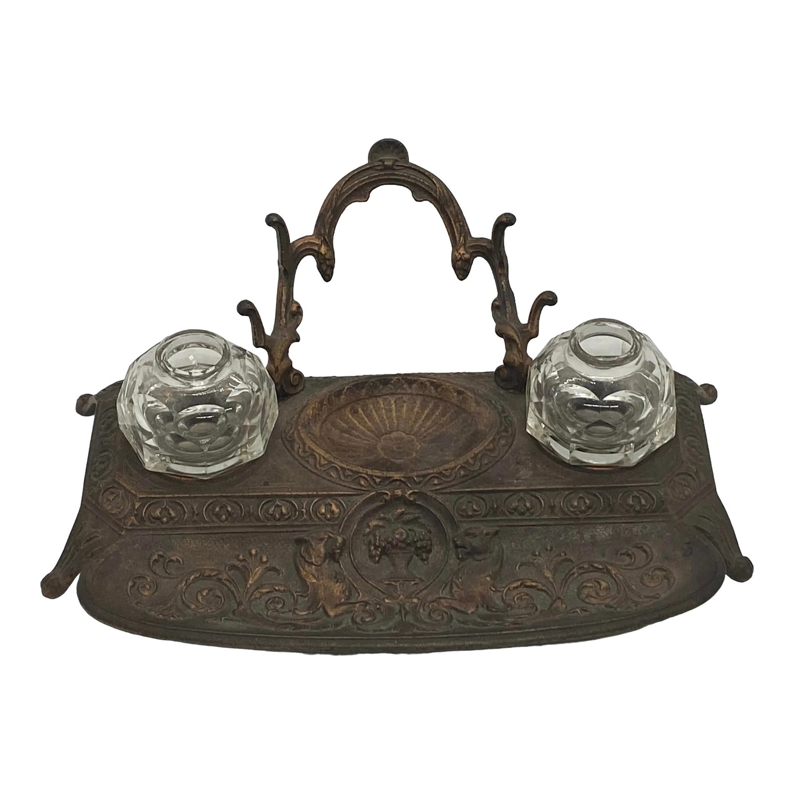 Late 19th Century German Art Nouveau Heavy Bronze and Crystal Ink Well Stand Made by Fr Malchow Fct.: This Late 19th Century German Art Nouveau Heavy Bronze and Crystal Ink Well Stand is a true masterpiece of design and craftsmanship. Made by FR. MALCHOW Fct, this stunning piece features a beautiful