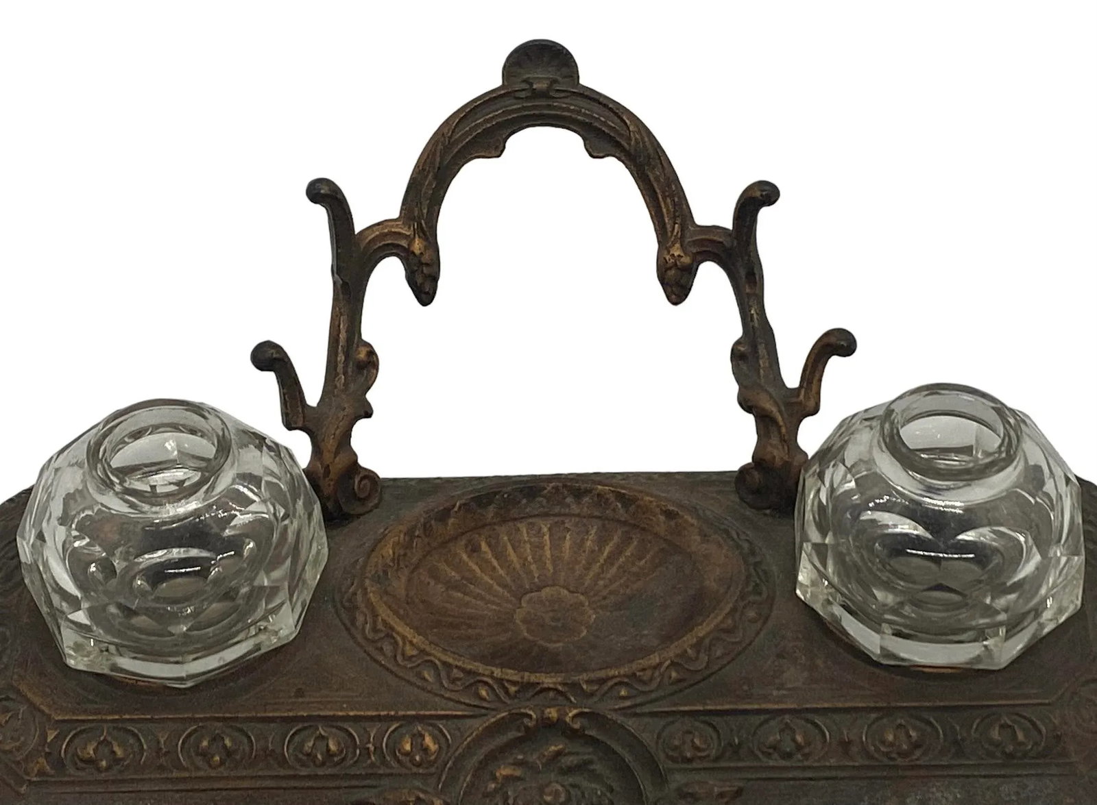 Late 19th Century German Art Nouveau Heavy Bronze and Crystal Ink Well Stand Made by Fr Malchow Fct. - 3