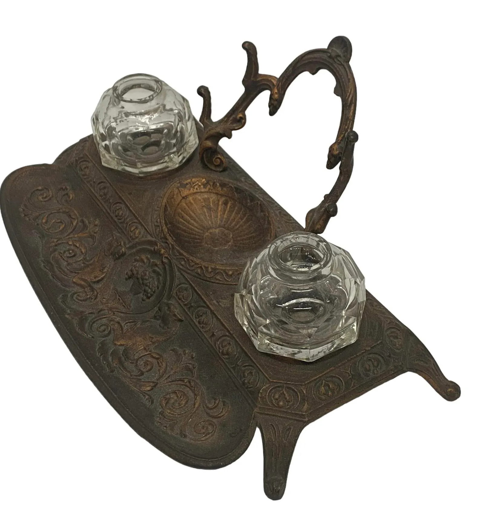 Late 19th Century German Art Nouveau Heavy Bronze and Crystal Ink Well Stand Made by Fr Malchow Fct. - 4