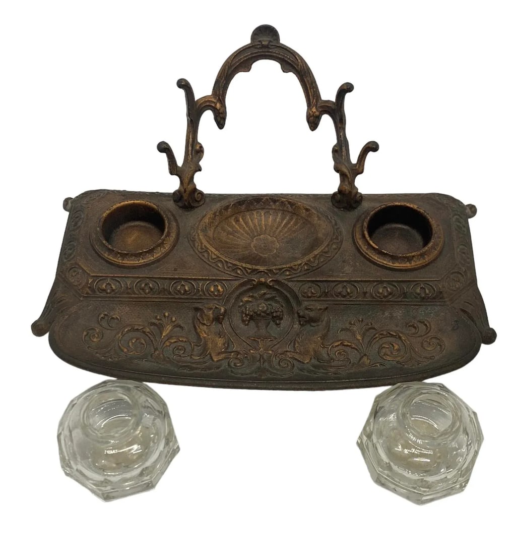 Late 19th Century German Art Nouveau Heavy Bronze and Crystal Ink Well Stand Made by Fr Malchow Fct. - 7