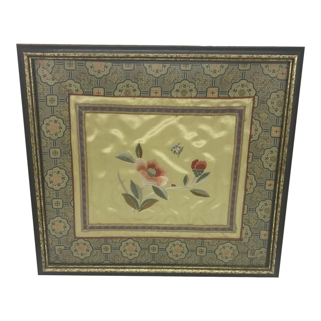 Vintage Japanese Framed Silk Embroidered Panel With a Floating Butterfly Approaching a Flower Surrou: This is a beautiful Japanese piece with an exquisite hand-embroidered tapestry that was purchased by an American couple who framed it during Christmas 1979 in Charlotte, NC. The scene depicts a
