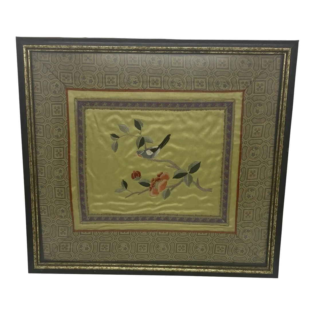 Vintage Japanese Framed Silk Embroidered Panel With a Singing Bird on a Cherry Blossom Tree Limb Des: This is a beautiful Japanese piece with an exquisite hand-embroidered tapestry that was purchased by an American couple who framed it during Christmas 1979 in Charlotte, NC. The scene depicts a