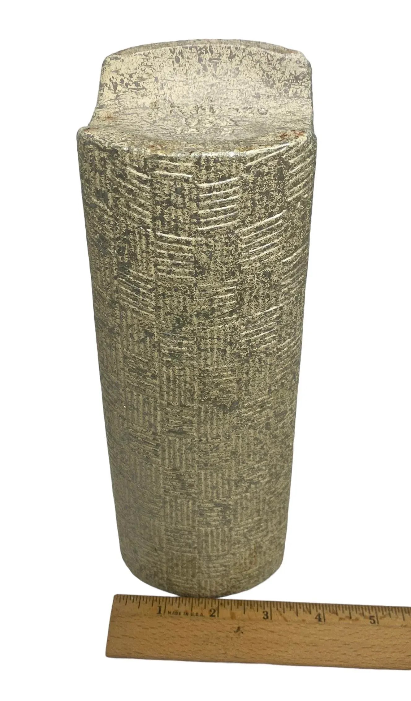 Mid-Century Modern Shawnee Art Pottery Vase With Light Green Basket Weave and Silver Accents Design - 11
