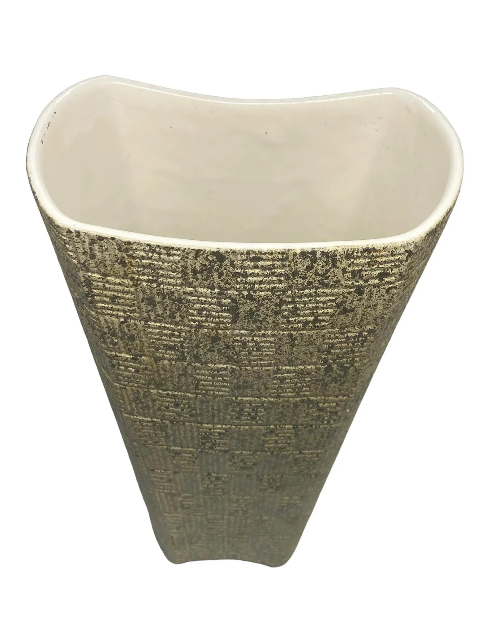 Mid-Century Modern Shawnee Art Pottery Vase With Light Green Basket Weave and Silver Accents Design - 12