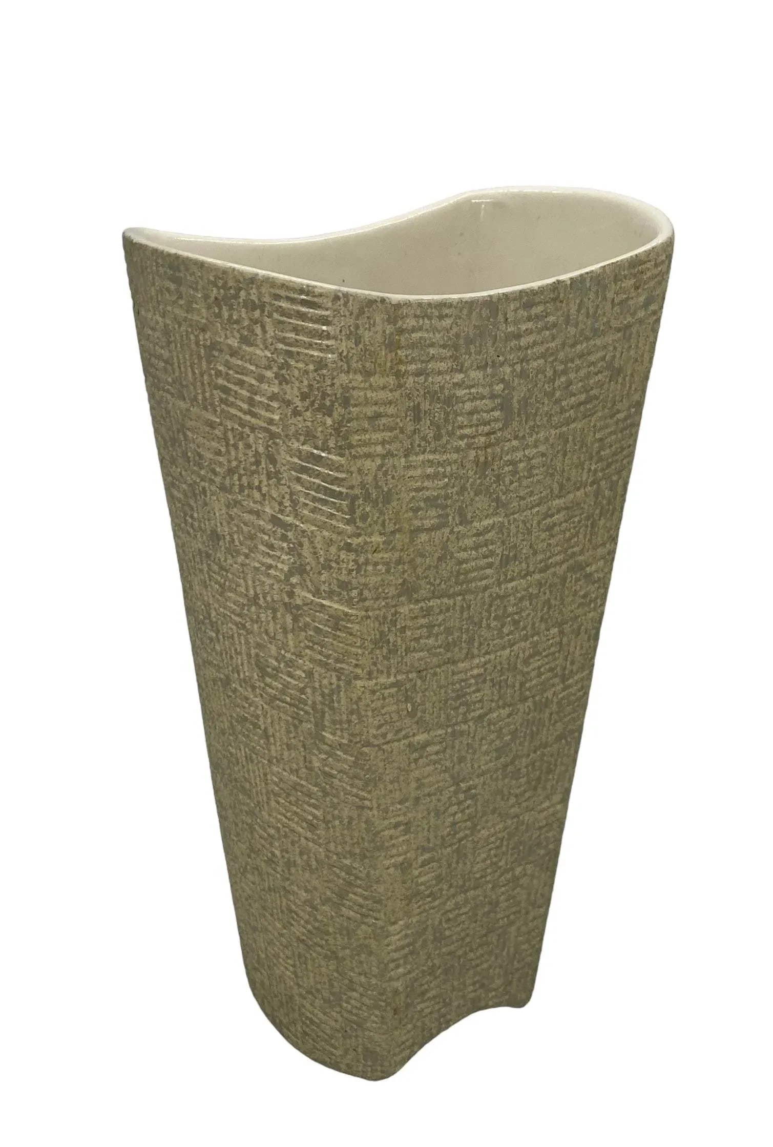 Mid-Century Modern Shawnee Art Pottery Vase With Light Green Basket Weave and Silver Accents Design - 13