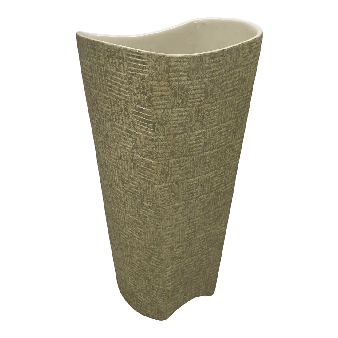 Mid-Century Modern Shawnee Art Pottery Vase With Light Green Basket Weave and Silver Accents Design: Mid Century Modern Shawnee Art Pottery 9" Tall Vase With Light Green Basket Weave and Silver Accents Design #1408. This exquisite vase, with its sleek and modern lines, is a true testament to the