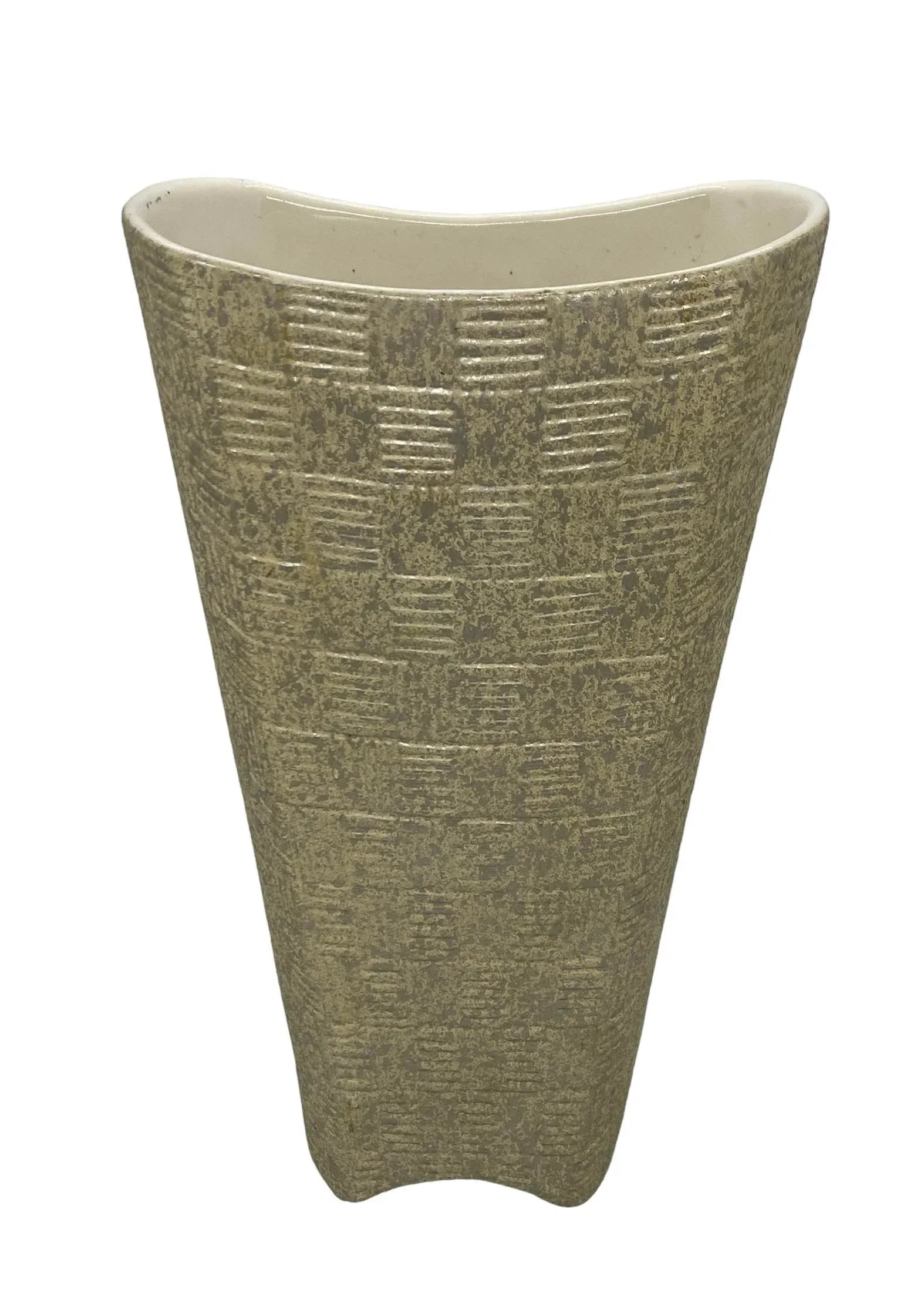 Mid-Century Modern Shawnee Art Pottery Vase With Light Green Basket Weave and Silver Accents Design - 2