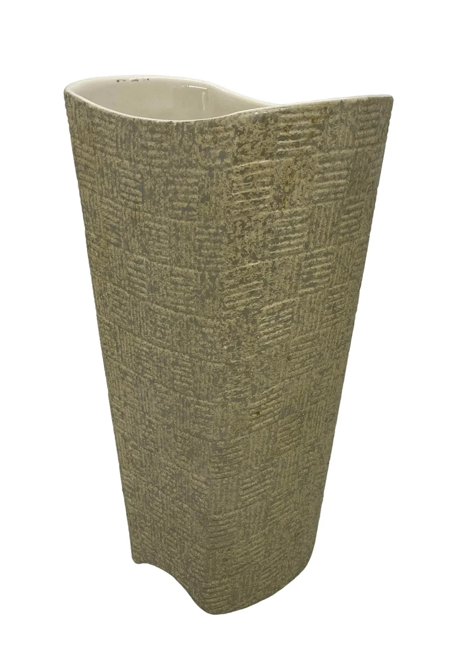 Mid-Century Modern Shawnee Art Pottery Vase With Light Green Basket Weave and Silver Accents Design - 3