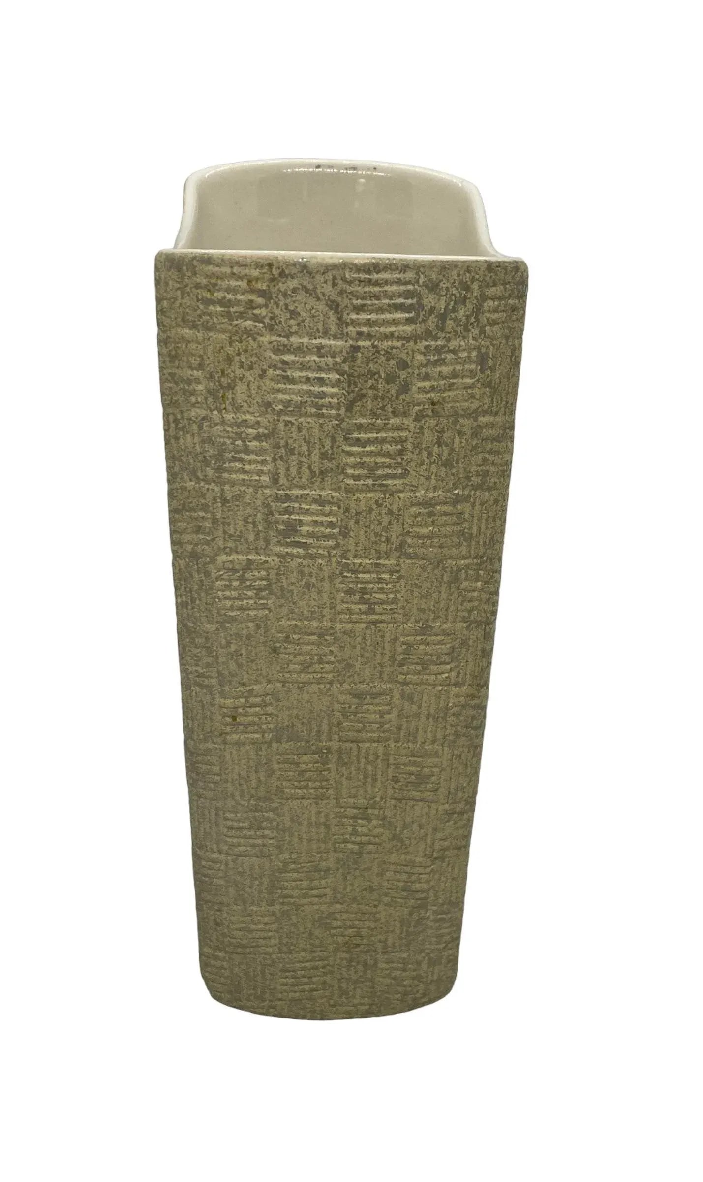 Mid-Century Modern Shawnee Art Pottery Vase With Light Green Basket Weave and Silver Accents Design - 4