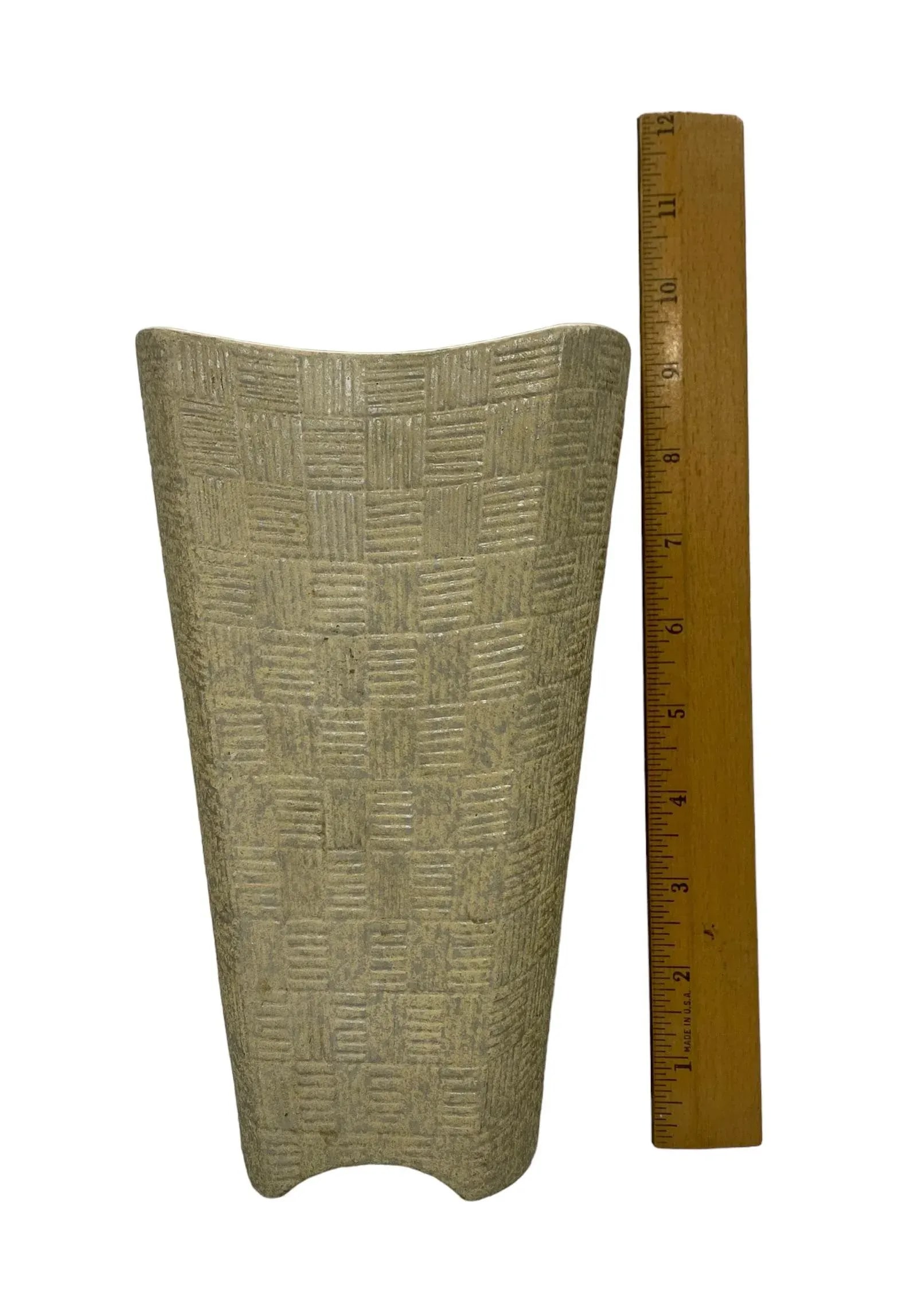 Mid-Century Modern Shawnee Art Pottery Vase With Light Green Basket Weave and Silver Accents Design - 9