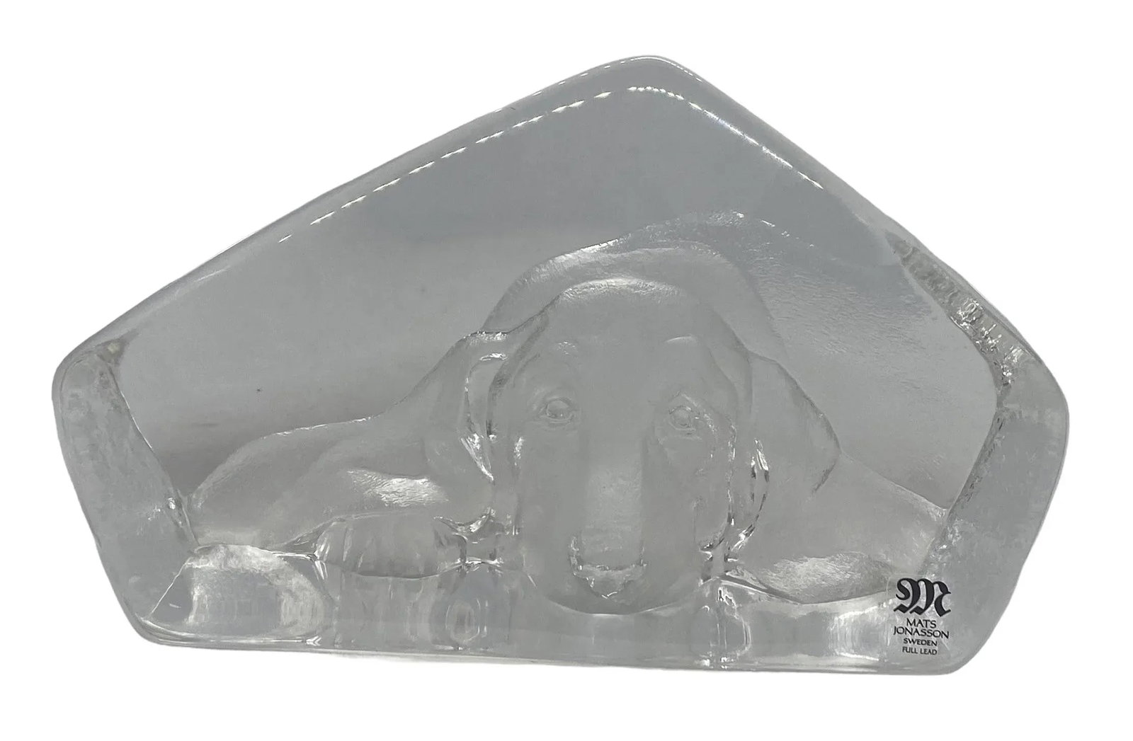 Vintage Mats Jonasson Sweden Etched Full Lead Crystal "Resting Basset Hound" Frosted 3D Paperweight - 12