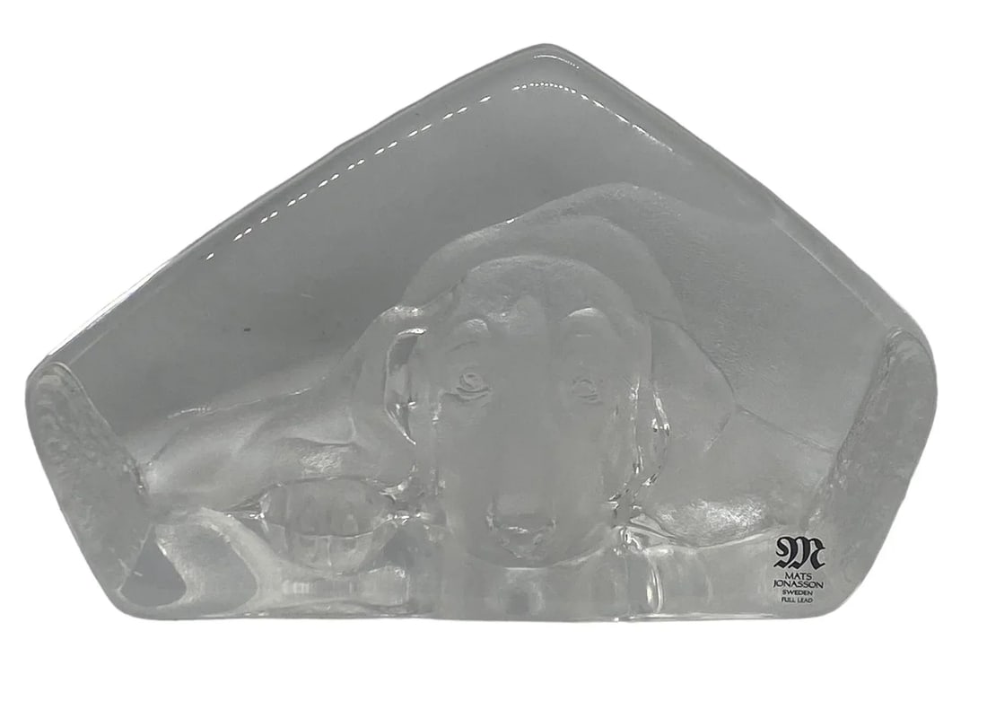 Vintage Mats Jonasson Sweden Etched Full Lead Crystal "Resting Basset Hound" Frosted 3D Paperweight - 13