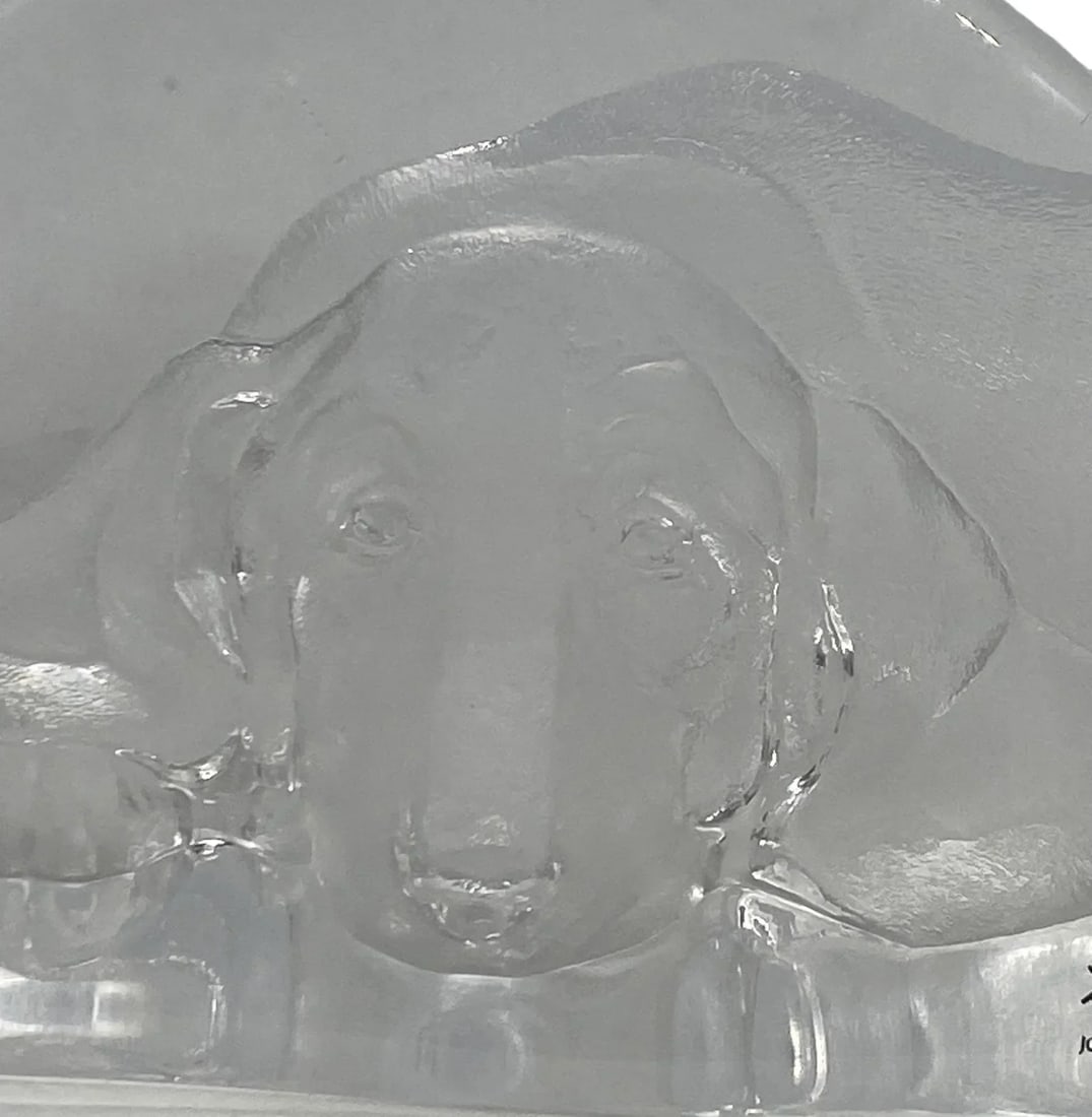 Vintage Mats Jonasson Sweden Etched Full Lead Crystal "Resting Basset Hound" Frosted 3D Paperweight - 3