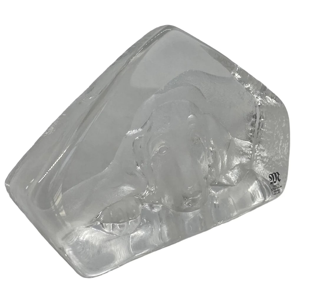 Vintage Mats Jonasson Sweden Etched Full Lead Crystal "Resting Basset Hound" Frosted 3D Paperweight - 7