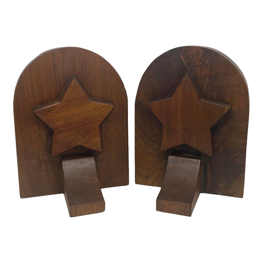 Mid 20th Century Rustic Handcrafted Mahogany Bookends With Star Motif - A Pair: Mid 20th Century Rustic Handcrafted Mahogany Bookends With Star Motif - A Pair. This heavy pair of bookends are in very good vintage condition with no major imperfections. Found in an Atlanta, Georgia